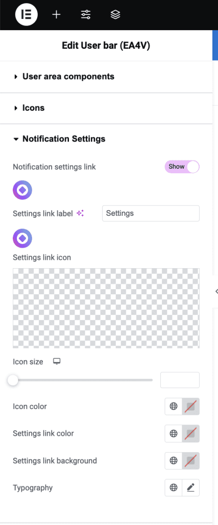 Notification setting link in User bar widget 