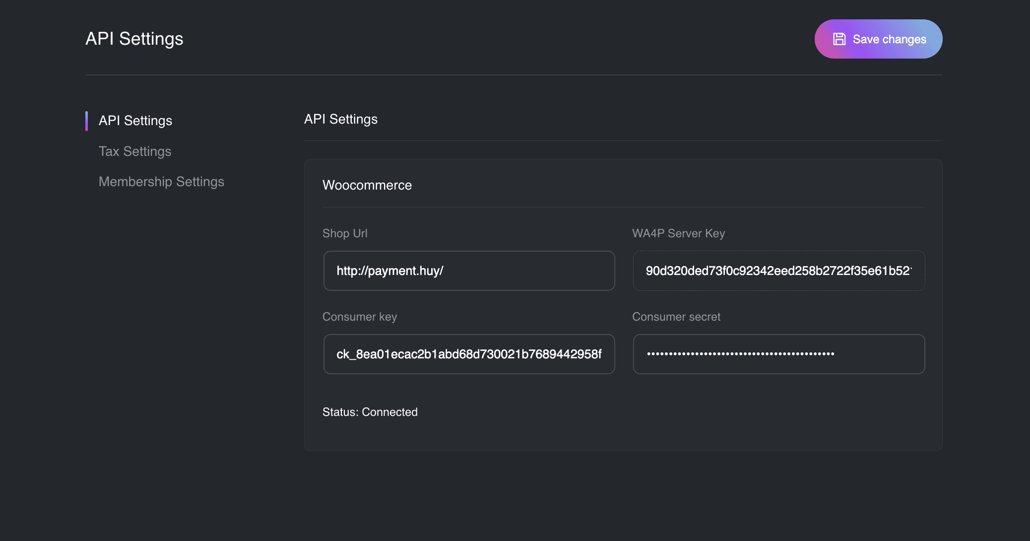 Add Woocommerce API keys to the settings; the WA4V Server Key will be generated automatically.