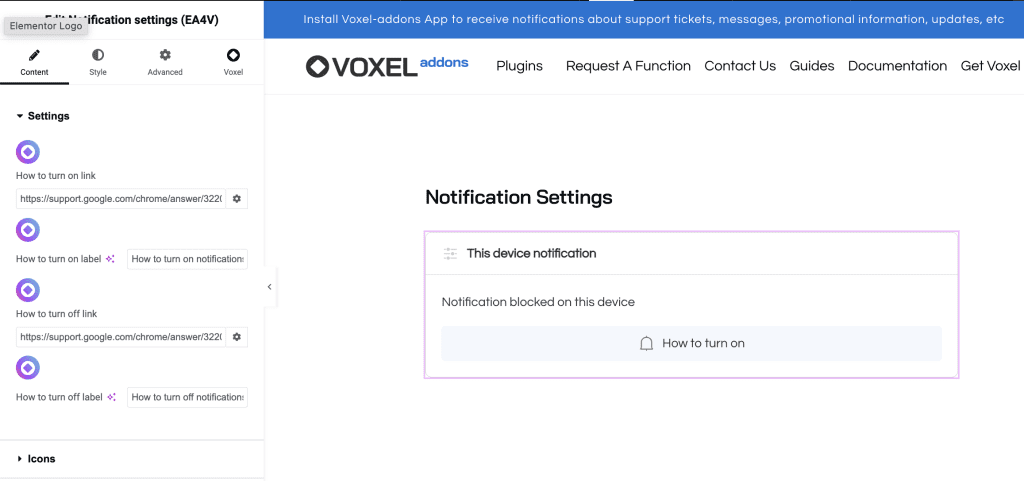 Notification settings widget